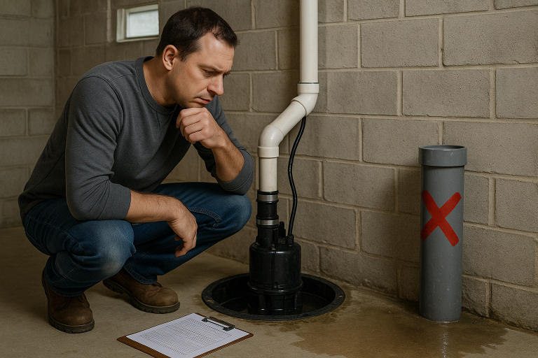 homeowner inspecting a sump pump system in a basement.